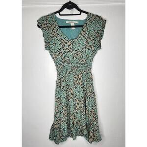 American Rag Cie Dress Womens Medium Teal Floral Smocked Waist Ruffle Hem Boho